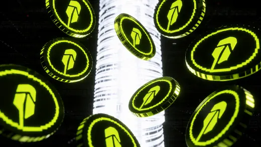 Floating PONS coins in black and neon green